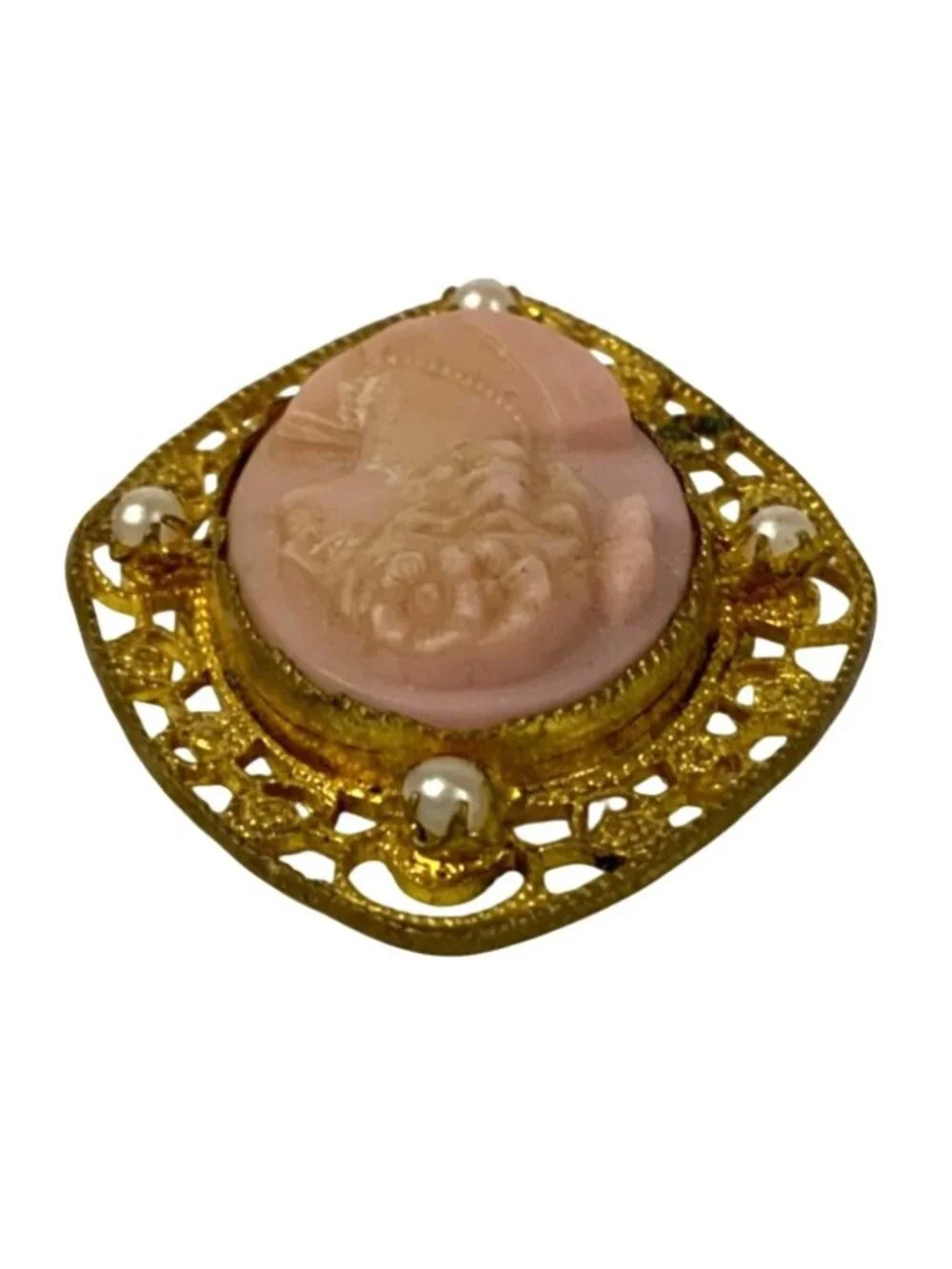 Antique Pink Molded Cameo Brooch Faux Seed Pearl Gilt Brass Pin Edwardian Era Je